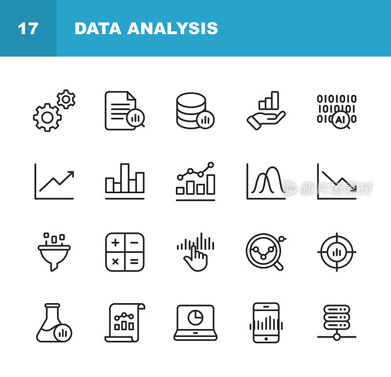 Data Analysis Line Icons. Editable Stroke. Pixel Perfect. For Mobile and Web. Contains such icons as Settings, Data Science, Big Data, Artificial Intelligence, Statistics.